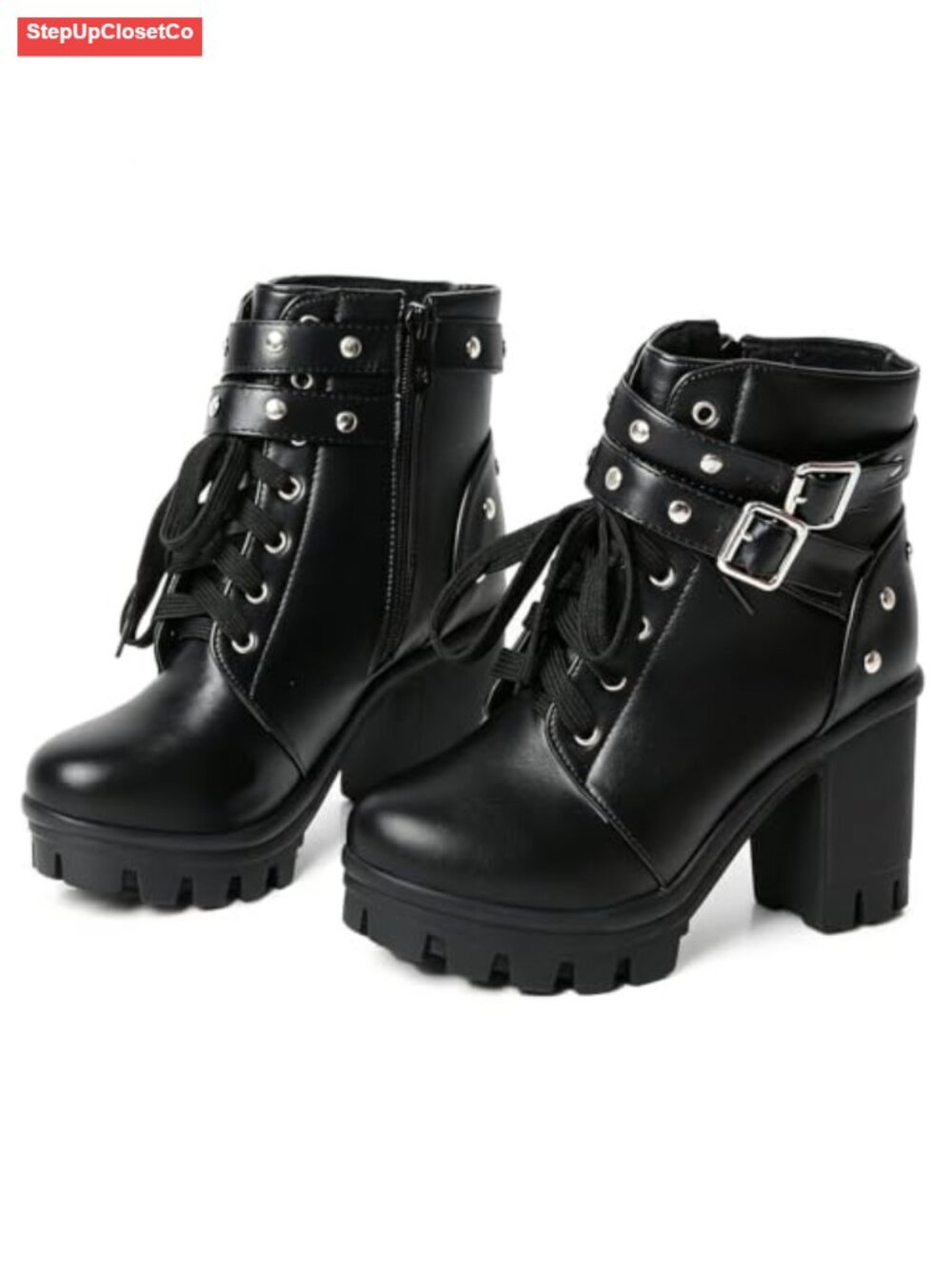 Gothic Chunky Heel Ankle Combat Booties with Buckle Rivets Zipper
